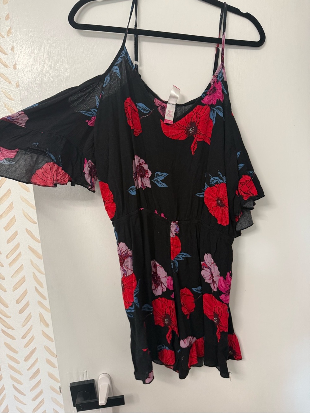 Black Floral Cold-Shoulder Summer romper with Red & Pink Blooms